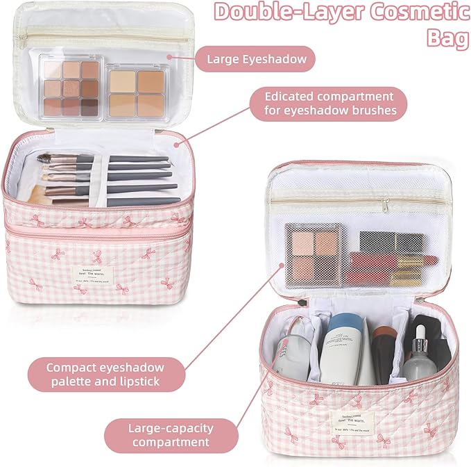 Gosect Makeup Bag, Portable Travel Make up Bag, Large Capacity Quilted Cosmetic Organizer Bag, Cute Floral Toiletry Bag for Women Girls (Pink Bow)