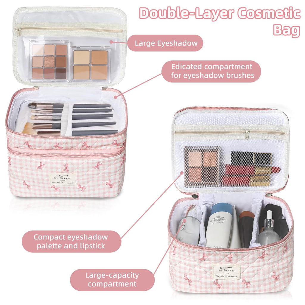 Gosect Makeup Bag, Portable Travel Make up Bag, Large Capacity Quilted Cosmetic Organizer Bag, Cute Floral Toiletry Bag for Women Girls (Pink Bow)