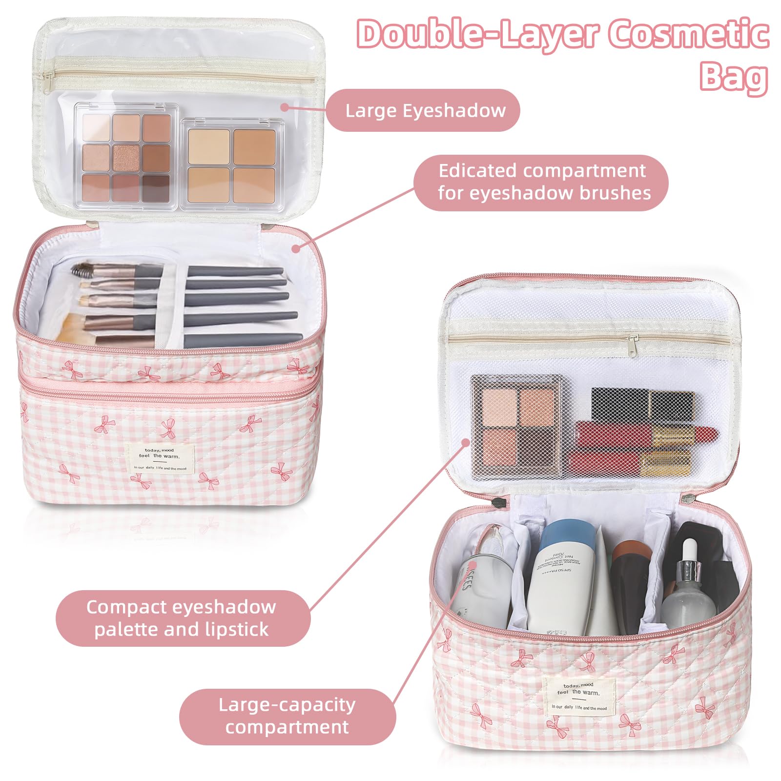 Gosect Makeup Bag, Portable Travel Make up Bag, Large Capacity Quilted Cosmetic Organizer Bag, Cute Floral Toiletry Bag for Women Girls (Pink Bow)