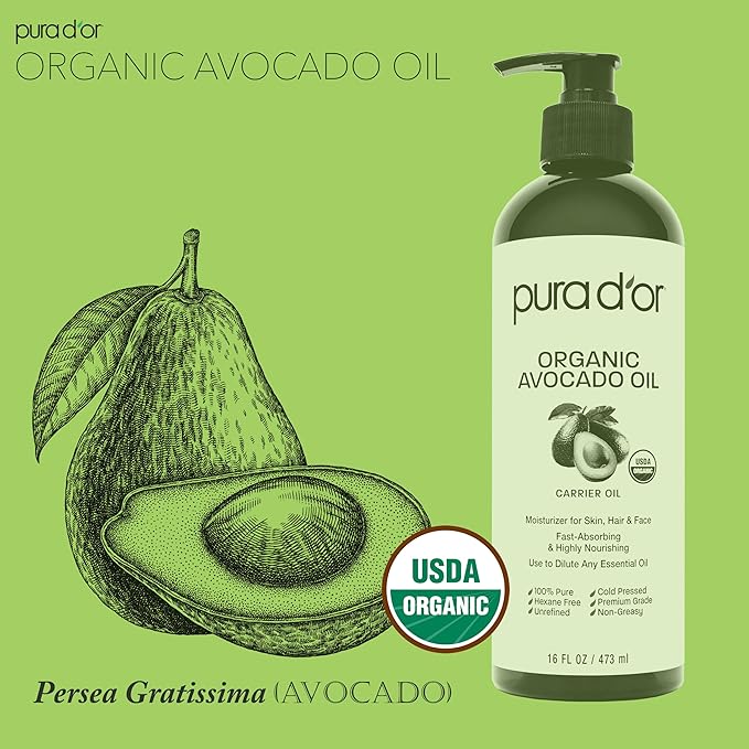 PURA D'OR ORGANIC Avocado Oil (16 Oz) 100% Pure & Natural USDA Certified Cold Pressed