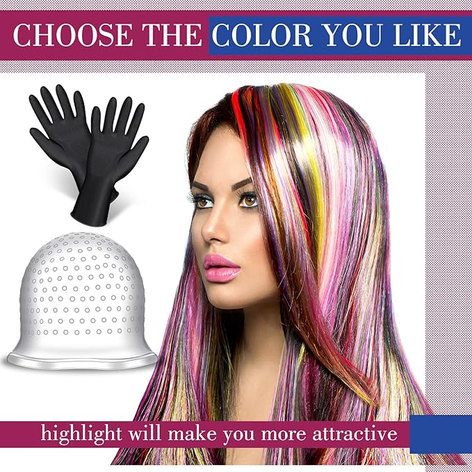 Silicone Highlight Cap with Hook and Gloves Hair Highlighting Kit Hair Dye Coloring Cap Reusable Pull Through Frosting Accessories for Salon Home Hairdressing