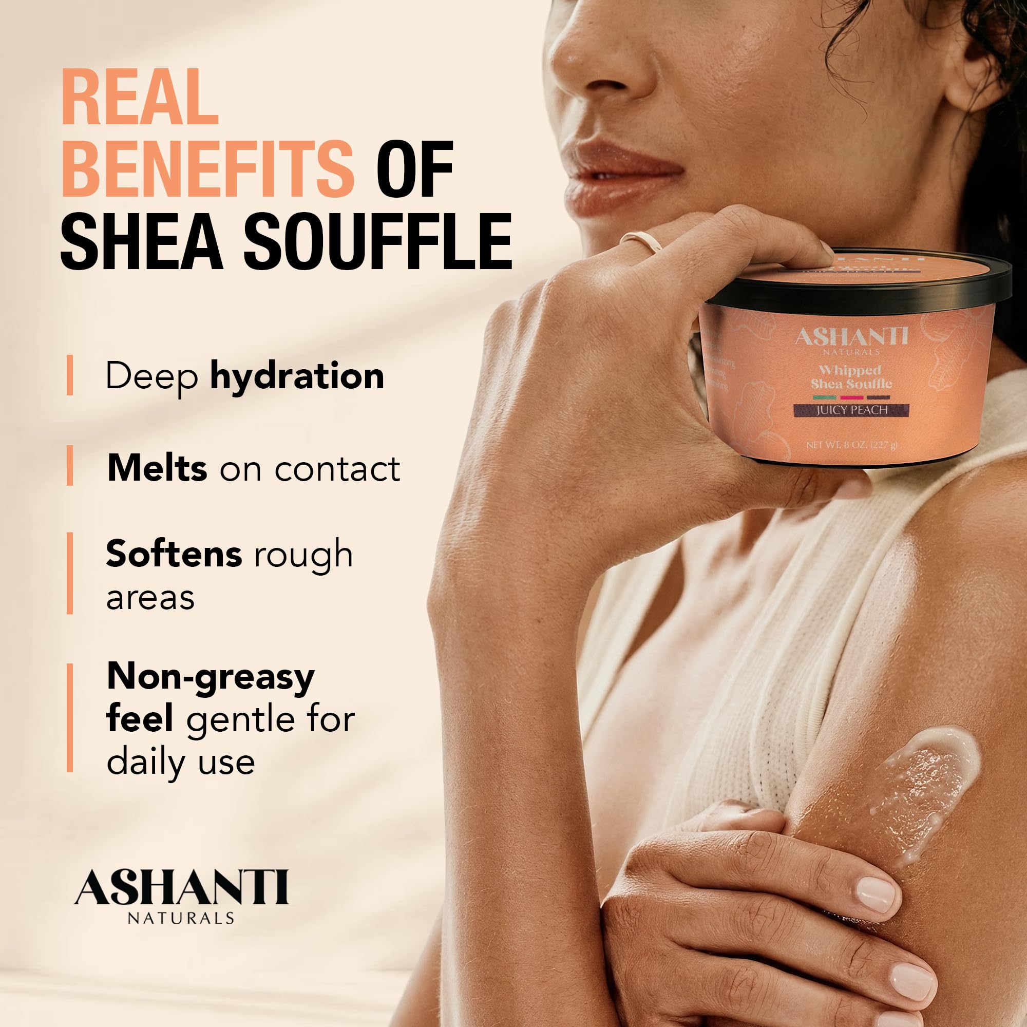 Ashanti Naturals Scented Whipped Shea Butter for Skin | African Body Butter for Women w/Coconut, Almond Oil (Juicy Peach Souffle, 8 oz)
