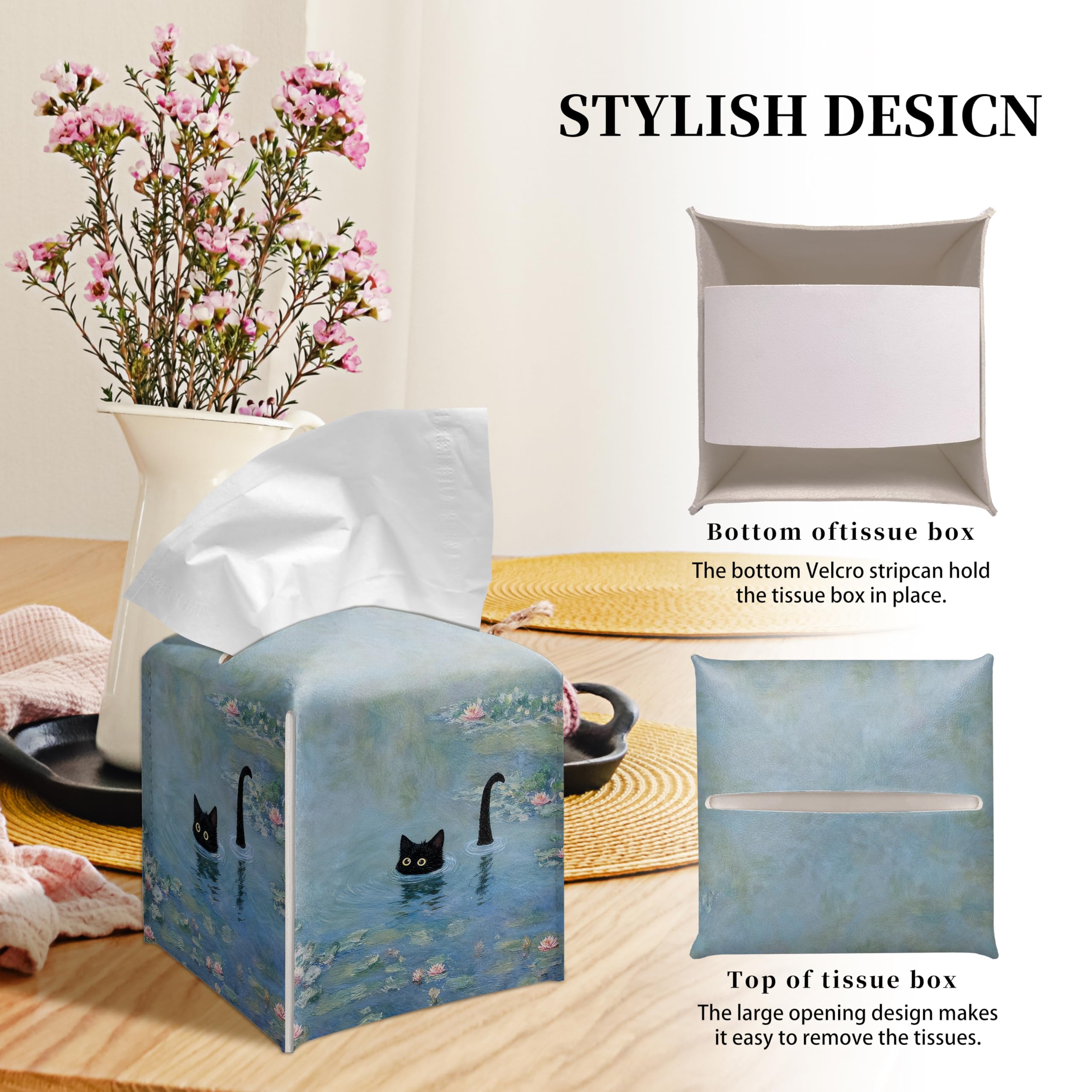 Grace Yonks Art Tissue Box Cover Square - Black Cat in Water Lilies Design 5.2" PU Leather Holder for Vanity, Desk, or Bathroom Counter - Cube Case for Facial Tissues. (123)