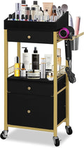 NauwaBarn Makeup Organizer Cart with 3 Drawers, Rolling Vanity Organizer with Detachable Hair Tool Holder & Wheels, Floor Makeup Storage Cart for Skincare, Perfume, Nail Polish, Gold & Black