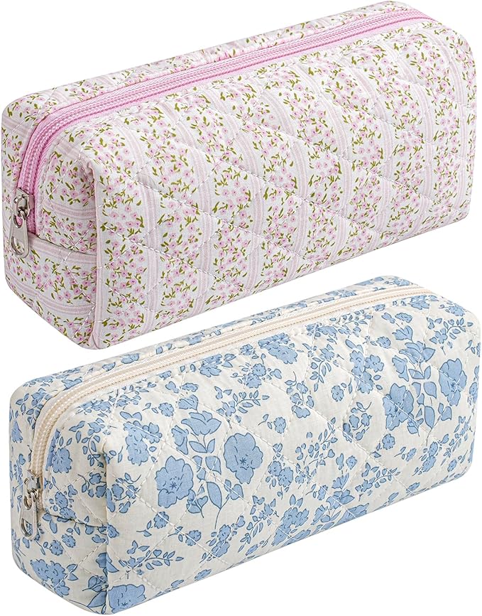 HHQQWZ Cute Floral Cotton Makeup Brush Cosmetic Bag for Women, Travel Quilted Zipper Make Up Bag, Flowers Toiletry Organizer Case Kawaii Makeup Cosmetic Travel Cloth Pouch (Pink+Blue Floral)