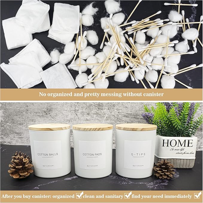 Ezebesta 3PCS Farmhouse 13.53oz White Bathroom Canisters with 12 Labels & Wooden Lid Thick Glass Jar Set Qtip Holder for Cotton Ball & Pads Storage Organization Minimalist Decor