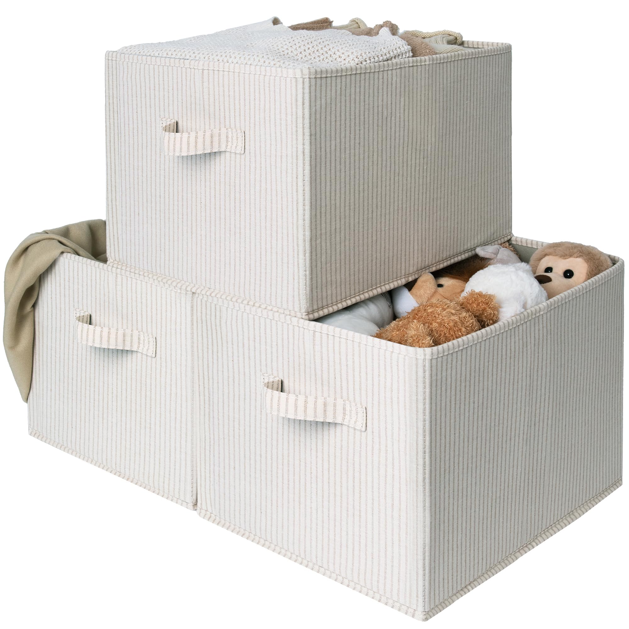 StorageWorks Foldable Shelf Organizer Bins, Closet Storage Baskets for Clothes, Storage Bins for Organization, Beige Stripes, 3-Pack, Extra Large
