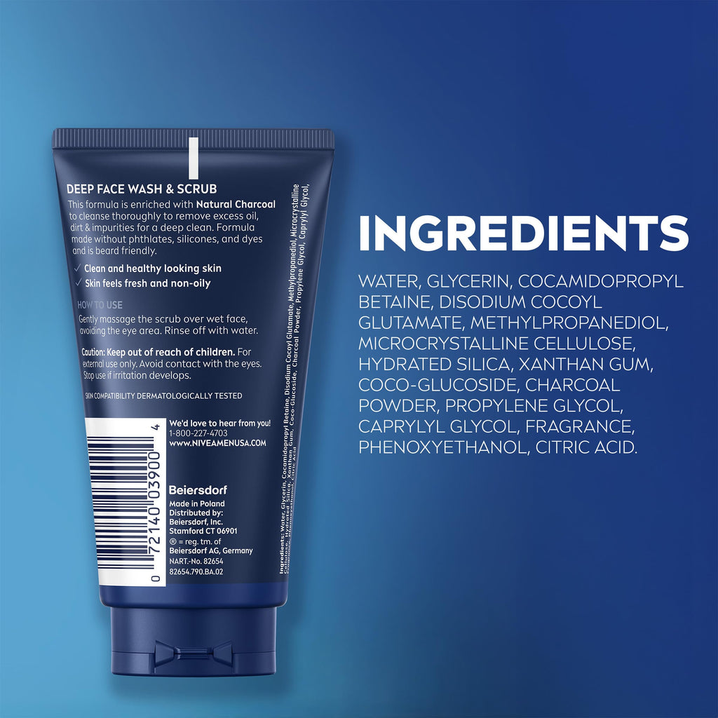 NIVEA MEN Deep Clean Face Wash and Scrub, Multipack, 3 x 2.5 FL OZ