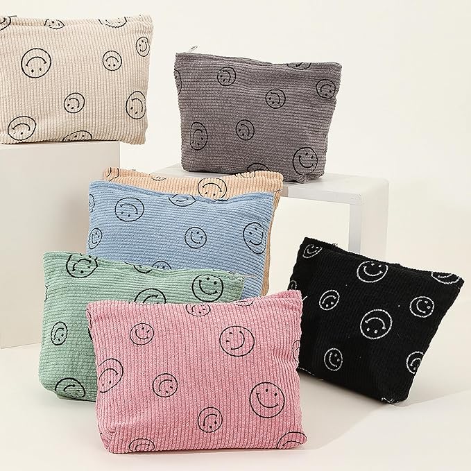 Gardsell Cosmetic Bags for Women - Corduroy Cosmetic Bag Aesthetic Women Handbags Purses Smile Dots Makeup Organizer Storage Makeup Bag Girls Case Bags (A-Black)