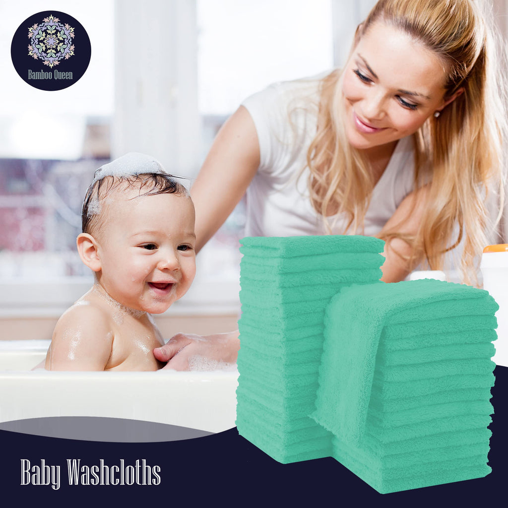 32 Pack Baby Washcloths - 10x10 Inch, Coral Fleece - Extra Absorbent and Soft Wash Clothes for Newborns, Infants and Toddlers - Suitable for Sensitive Skin and New Born - Baby Shower - Aqua Green