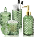 RYTOXILO Green Bathroom Accessories Set, 4 Pack Olive Green Bathroom Decor Accessory Sets Complete, Diamond Glass Soap Dispenser and Toothbrush Holder Set for Bath Counter Organizer Essentials