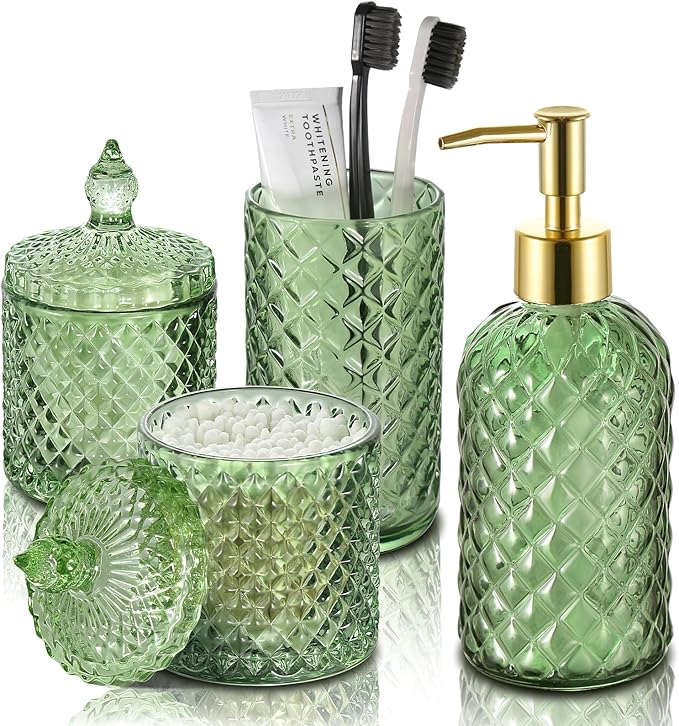 RYTOXILO Green Bathroom Accessories Set, 4 Pack Olive Green Bathroom Decor Accessory Sets Complete, Diamond Glass Soap Dispenser and Toothbrush Holder Set for Bath Counter Organizer Essentials