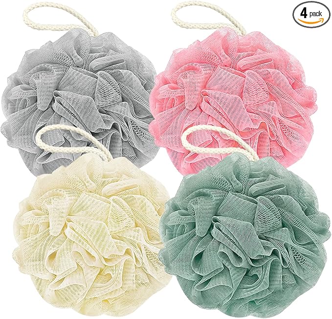 Rnoafmu Shower Loofah Bath Sponge, 60G Loofah Exfoliating Body Scrubber, 4 Color Mesh Shower Pouf Balls for Body Wash (Yellow Red Green Blue)