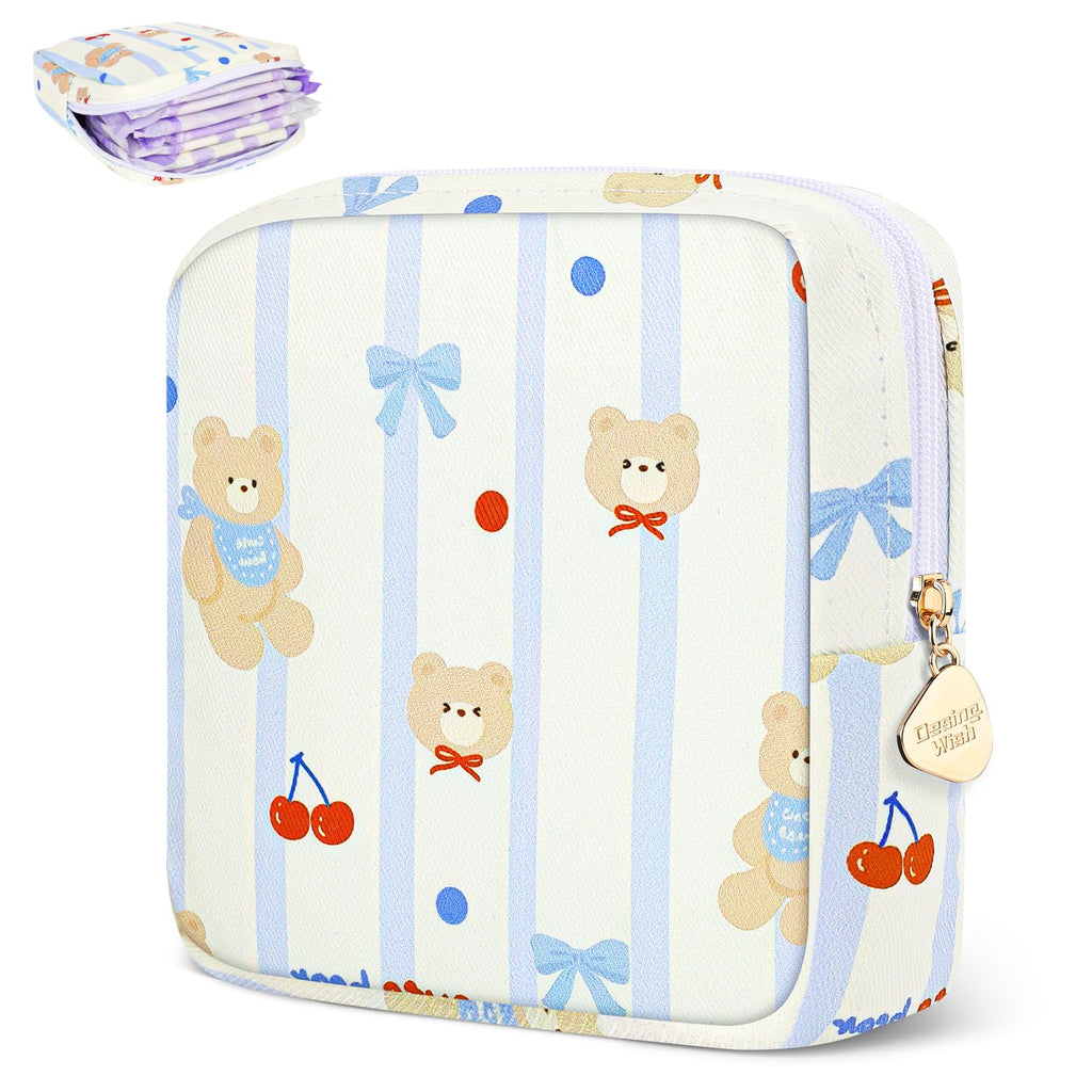 Desing Wish Sanitary Pad Storage Bag Portable Period Bag for Teen Pads/Sanitary Napkins/Small Tampons, Sanitary Napkin Storage Bag First Period Gifts for Teen Girls (Bowknot Bear)