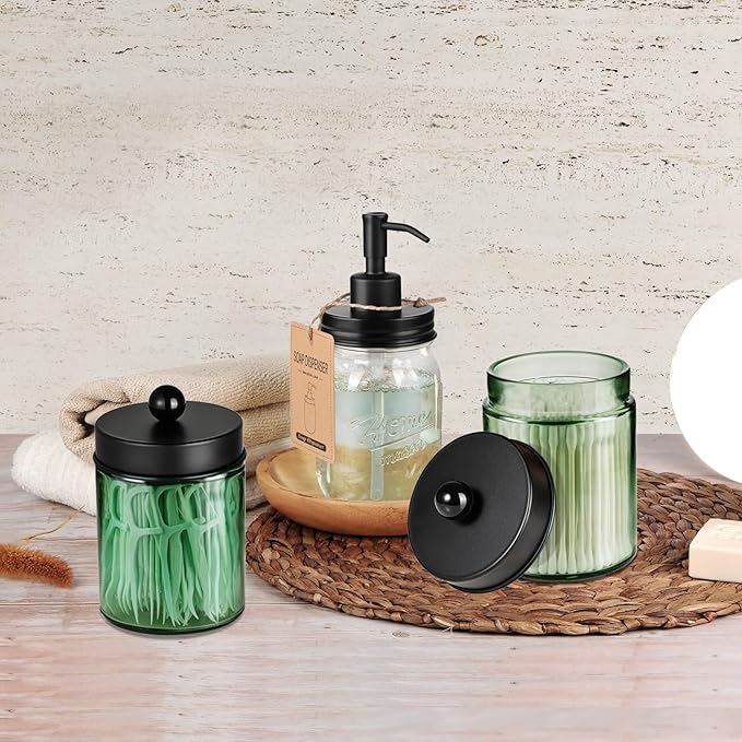 Amolliar Sage Green Apothecary Glass Jar With Metal Lid & Stickers, Bathroom Qtip Dispenser Storage Canister, Perfect for Cotton Balls, Cotton Swabs, Round Pads, Bath Salt, Floss, Black 1 Pack