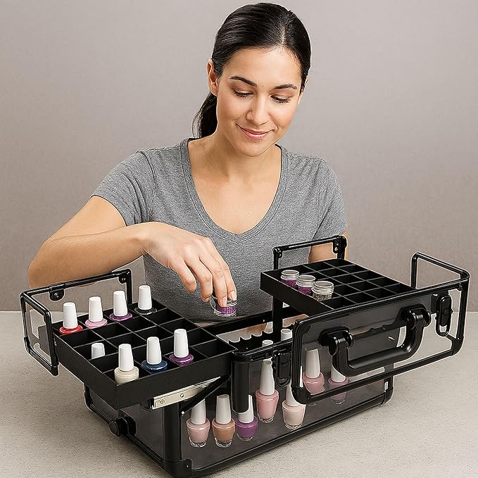 Professional Makeup & Nail Tech Organizer – Clear Acrylic Case, Holds 94 Bottles, Slide-Out Trays, Lockable Latches – Portable Storage for Brushes, Polish, Tools & Cosmetics – Compact & Travel-Ready