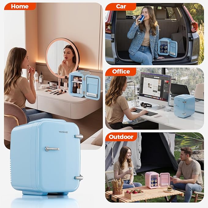 YASHE Mini Fridge, 4 Liter/6 Can Mini Makeup Fridge, 110V AC/ 12V DC Portable Thermoelectric Cooler&Warmer for Skincare, Drink, Cosmetic, Medicine, Small fridge for Bedroom, Office, Dorm, Car, Blue