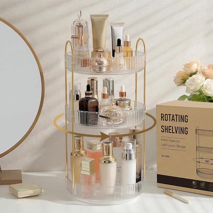 Aveniee 3-Tier 360° Rotating Makeup Organizer, Clear Spinning Perfume Cosmetic Storage for Vanity Countertop, Sturdy Metal Pole Skincare Holder Stand for Bathroom Dresser, White