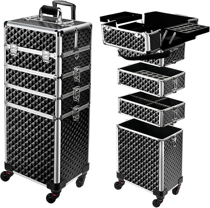 TOPACK 3-In-1 360°Rotaing Rolling Makeup Train Case with Trolley/Drawer