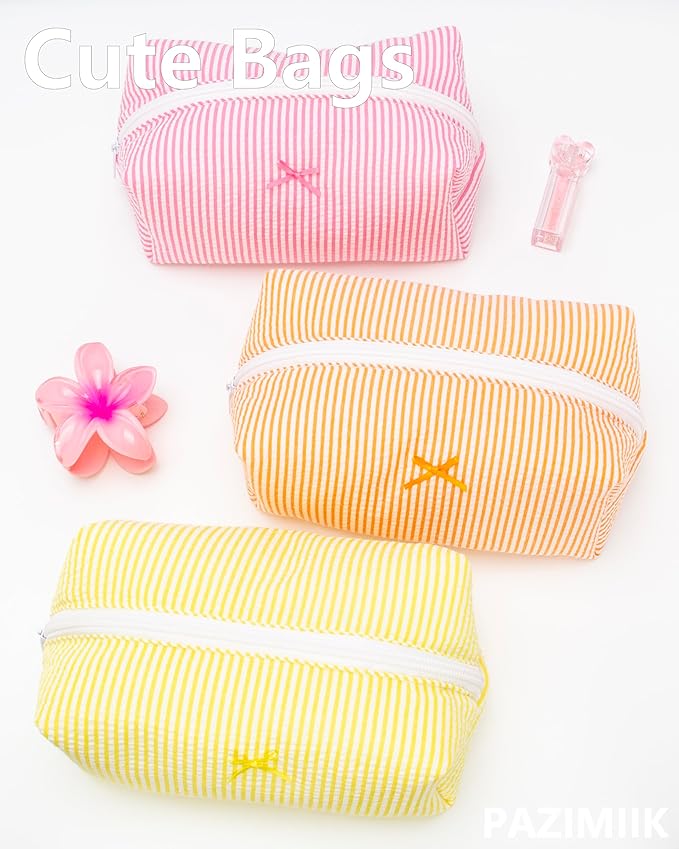 PAZIMIIK Cozy Makeup Bag for Women,Zipper Cosmetic Pouch,Stripe Yellow