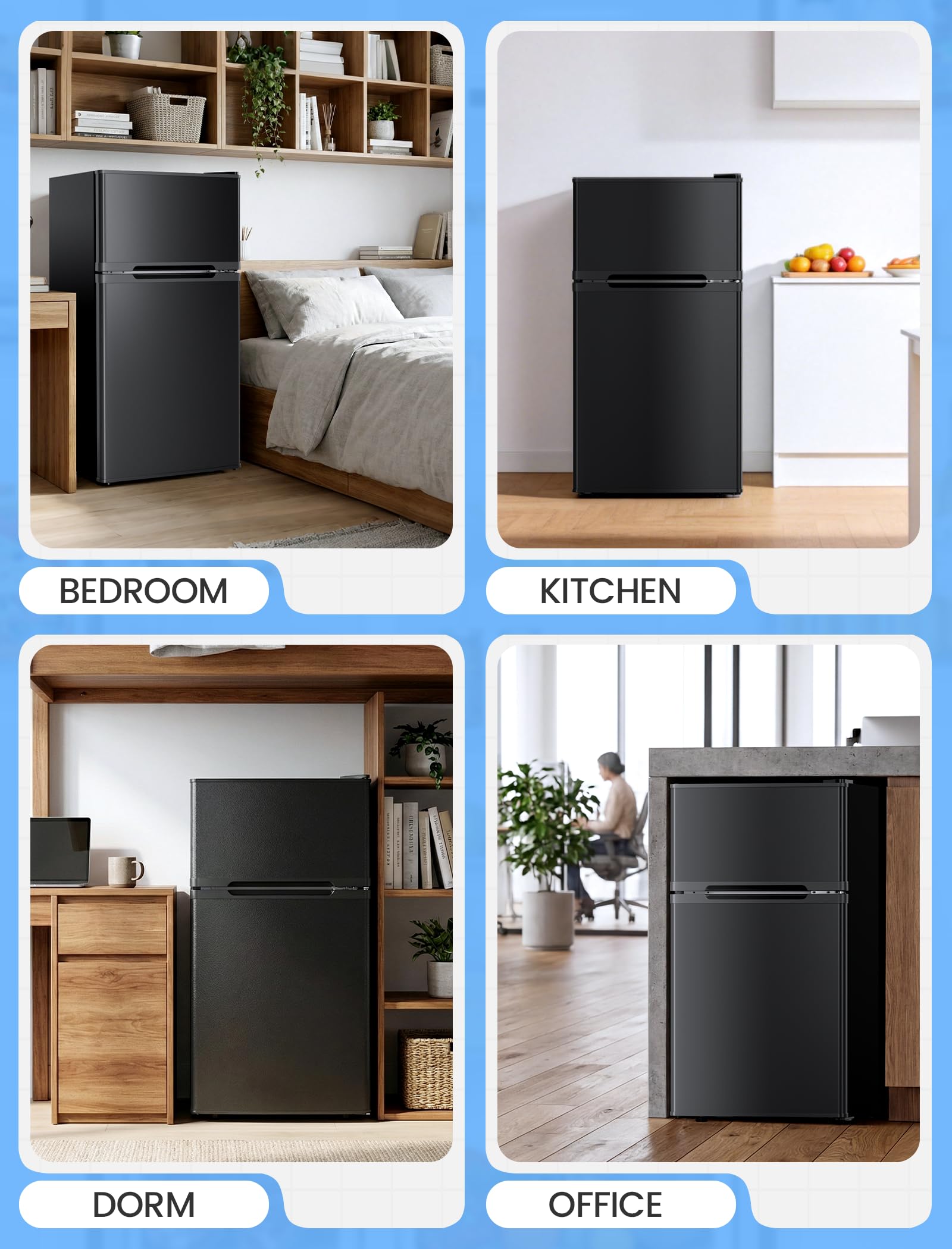 COWSAR 2.5 Cu.Ft Mini Fridge with Freezer, Double Reversible Door Compact Dorm Refrigerator with 2 Removable Shelves, Commercial Apartment Fridge for Bedroom, Office, Kitchen, Dorm, Black