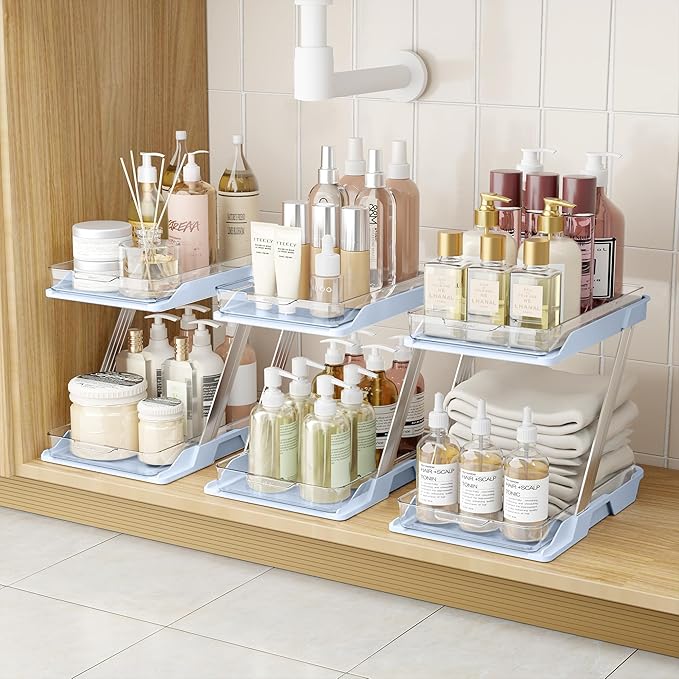 AUGBEAN 3 Pack Bathroom Organizers and Storage - Multi-Purpose,2-Tier Clear Pull Out Organization for Bathroom,Under Sink,Kitchen,Vanity,Countertop,Cabinet,Pantry & Medicine Cabinet,Blue