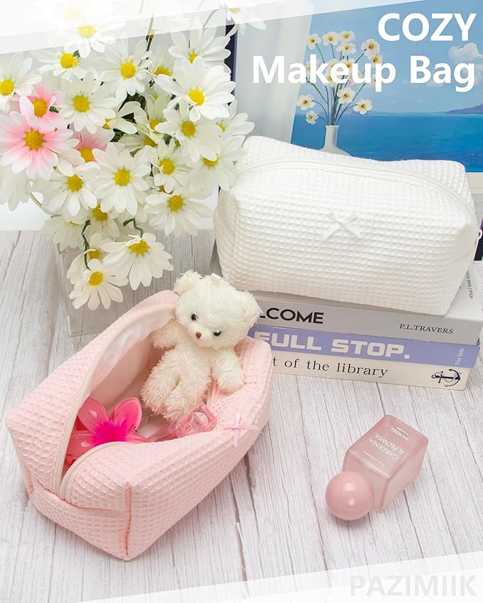 PAZIMIIK Cozy Makeup Bag for Women,Zipper Cosmetic Pouch,Waffle Pink,6 Pack