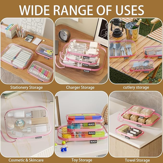 iRUNZO 3 PCS Clear Hard Shell Zipper Case With Handle Strap，Clear Plastic Waterproof Cosmetic Makeup Bags Toiletry Pouches for Travel With Double Zipper，Kid's Toy Storage Organizer Bins Box