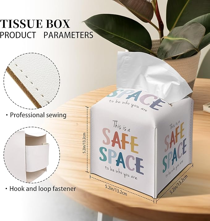 Grace Yonks Cute Tissue Box Cover Square - “This is a Safe Space” Affirmation Design 5.2" PU Leather Holder for Vanity, Desk, or Bathroom Counter - Cube Case for Facial Tissues(019)