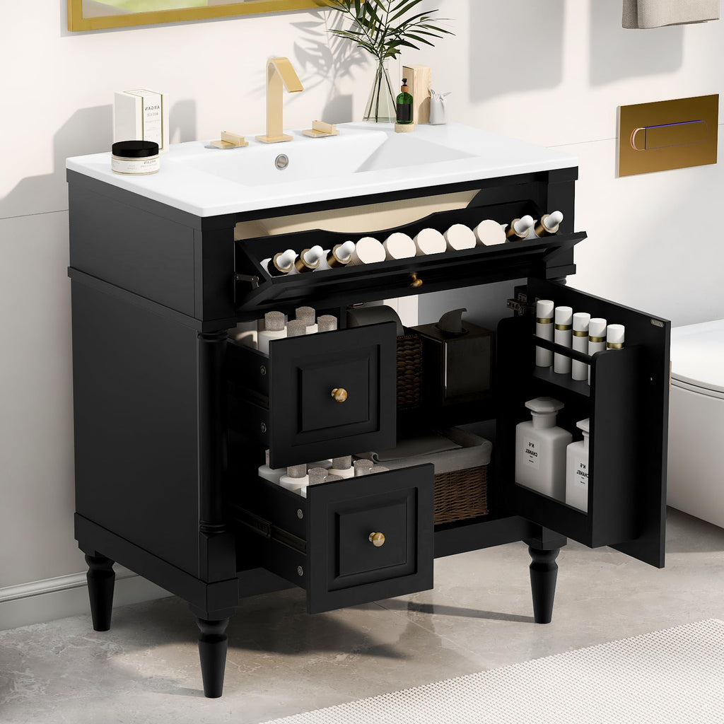 Harper & Bright Designs 30" Bathroom Vanity with Sink, Free Standing Bathroom Vanity Set with Flip Drawer, 2 Drawers, and Adjustable Shelf, Wood Storage Cabinet with Ceramic Basin for Bathroom, Black