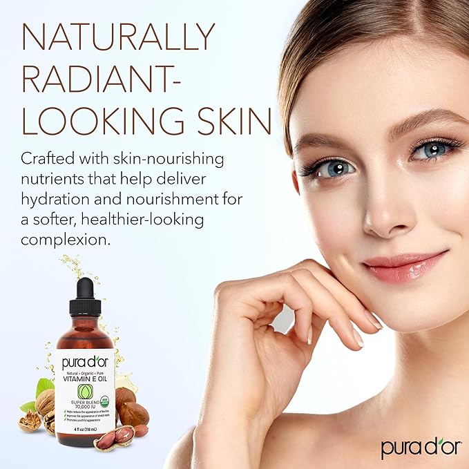 PURA D'OR 4 Oz Organic Vitamin E Oil 70,000 IU, USDA Certified Ayurvedic Skin Care, Face, Body w/Argan, Jojoba, Rosehip, Apricot, Almond & Avocado, Lightweight Moisturizer for Soft, Smooth Skin
