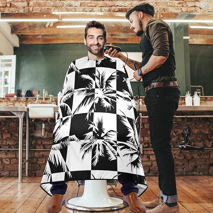 Visesunny Barber Cape - Tropical Coconut Tree Black White Grid Polyester Hair Cutting Salon Apron Anti-Static Haircut Shaving Cloth Beard Shaving Bib Hairdressing Cape