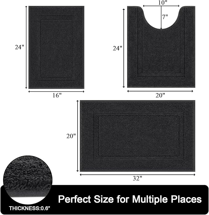 SHACOS Black Bathroom Rugs Sets 3 Piece Small Bath Mat U Shaped Toilet Rug