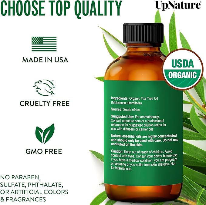 UpNature Tea Tree Oil - 100% Pure USDA Certified Organic Tea Tree Essential Oils for Skin, Hair, Toenail, Body and Scalp (2oz)