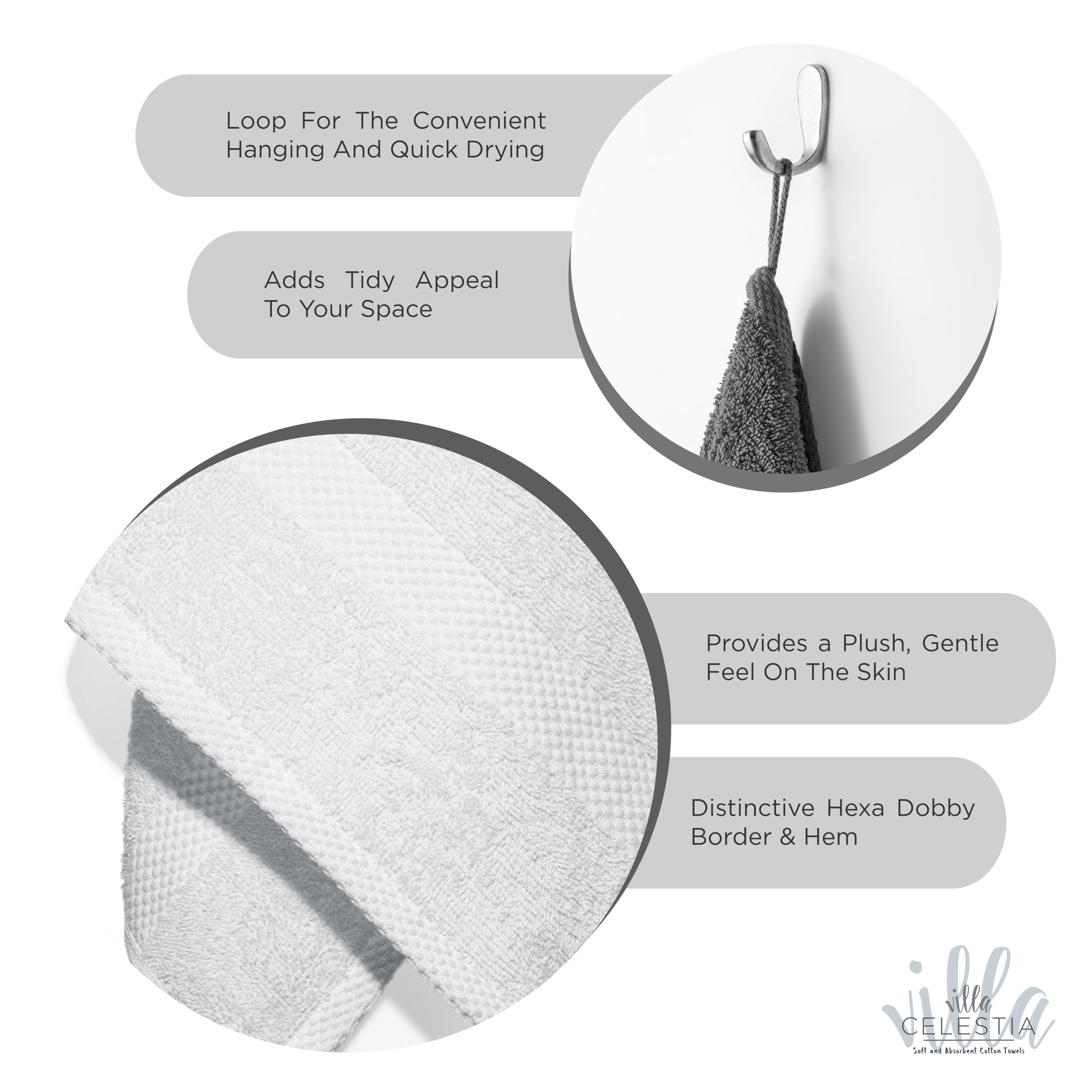 Villa Celestia 8-Piece 100% Cotton Towel Set, 2 Bath Towels, 2 Hand Towels, 4 Wash Cloth, Quick-Dry, White