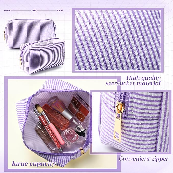 Sanwuta 6 Pcs Seersucker Cosmetic Bags Bulk Seersucker Makeup Bags Stripe Women Pouch Large Preppy Storage Pouch Toiletry Travel for Wedding Bridesmaid Bride Favor Back to Teacher Gift (Purple)