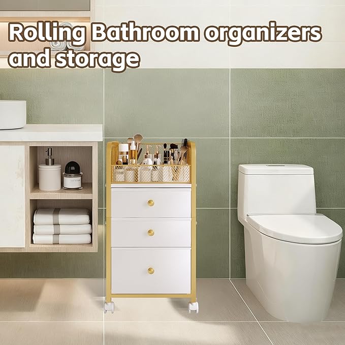 ZQUYAJ Rolling Makeup Organizer Cart with 3 Drawers Under Desk Storage