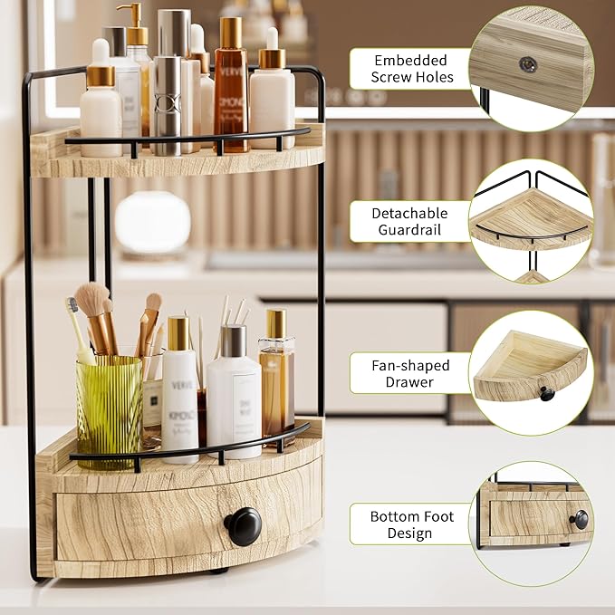 Aollewoiti 2-Tier Corner Bathroom Counter Organizer with Drawer, Wood color