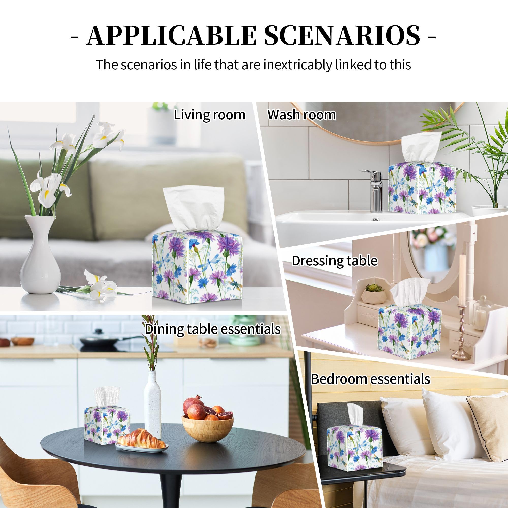 Watercolor Flowers and Dragonflies Tissue Box Cover Square,Purple Blue Floral Tissue Box Holder Waterproof Leather Facial Paper Organizer Dispenser for Bathroom Home Car Nightstand Vanity Desk