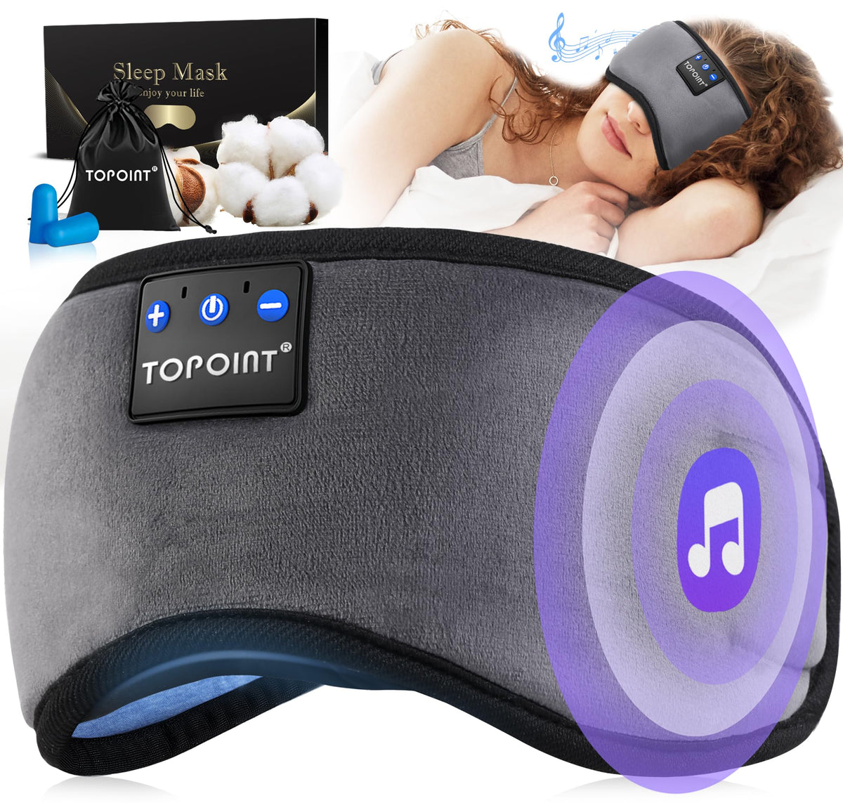 TOPOINT Sleep Mask with Headphones Bluetooth 5.4 Wireless, Sleep Headphones Earphones Earbuds with Microphone HD Speakers Music, Blackout Eye Mask for Sleeping Travel Meditation Men Women Cool Gadgets