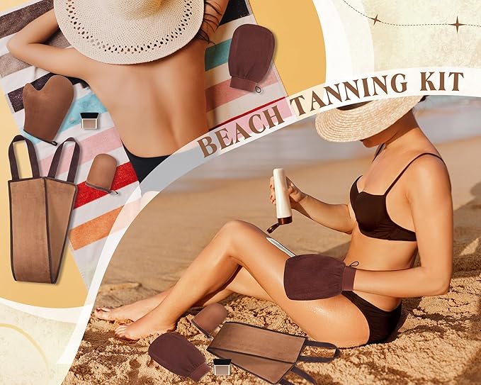 Reallnaive 5 Pcs Self Tanning Mitt Applicator Set with Self Tanner Mitt Exfoliating Glove Tanning Back Lotion Applicator Mini Glove Tanner Brush for Self Sunless Tanning Oil Lotion Mousse