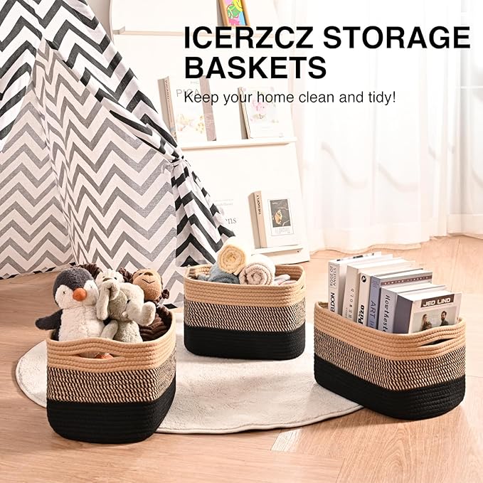 ICERZCZ Storage Baskets for Shelves Organizing, Woven Cotton Rope Baskets for Storage, Book Basket, Towel Basket, 12.5"Lx9.1''Wx7.9''H (4 Packs) Gradient Black & Jute