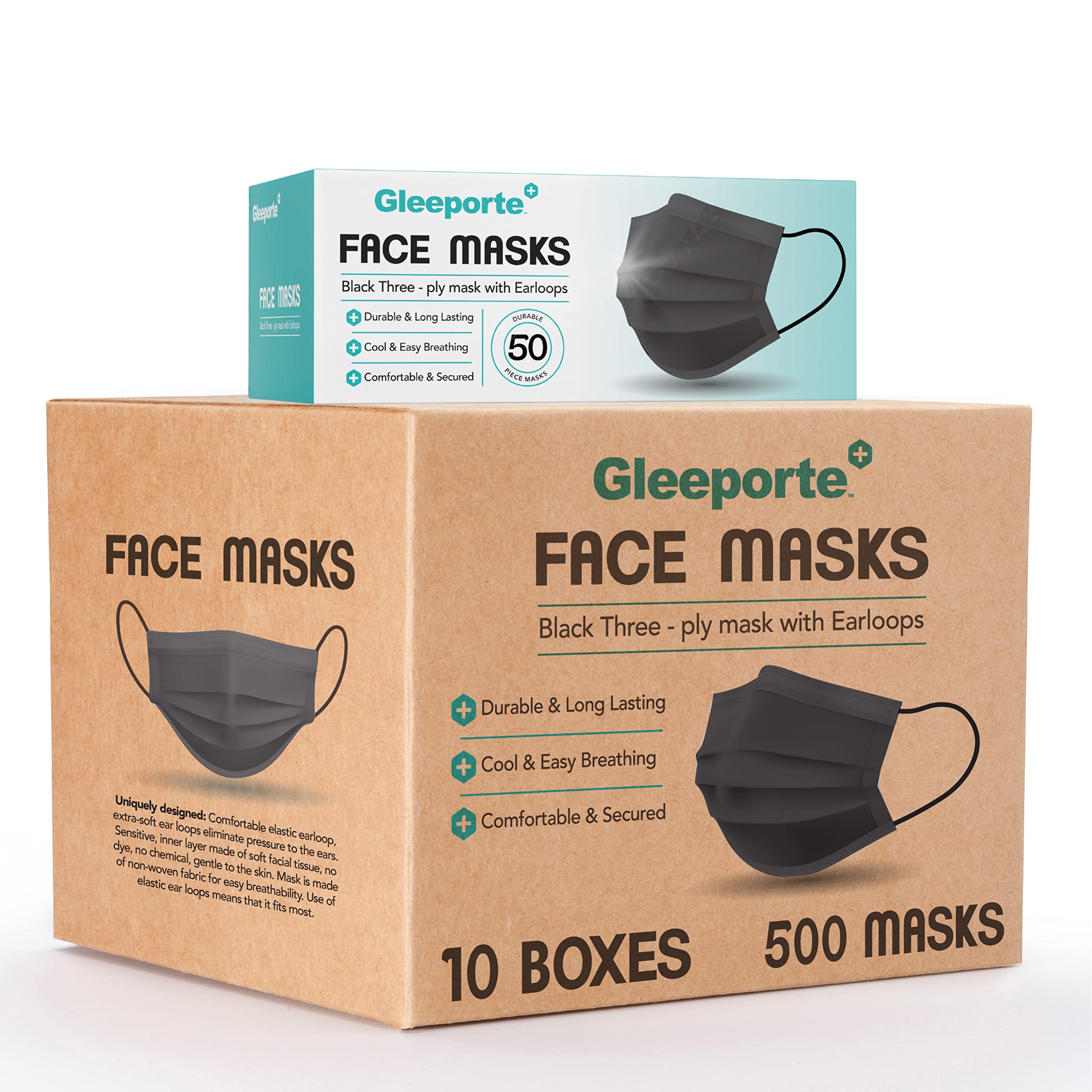 [Pack Of 500] Black Disposable Face Mask, 3-Ply Adult Masks, Facial Cover with Elastic Earloops For Home, Office, School, and Outdoors