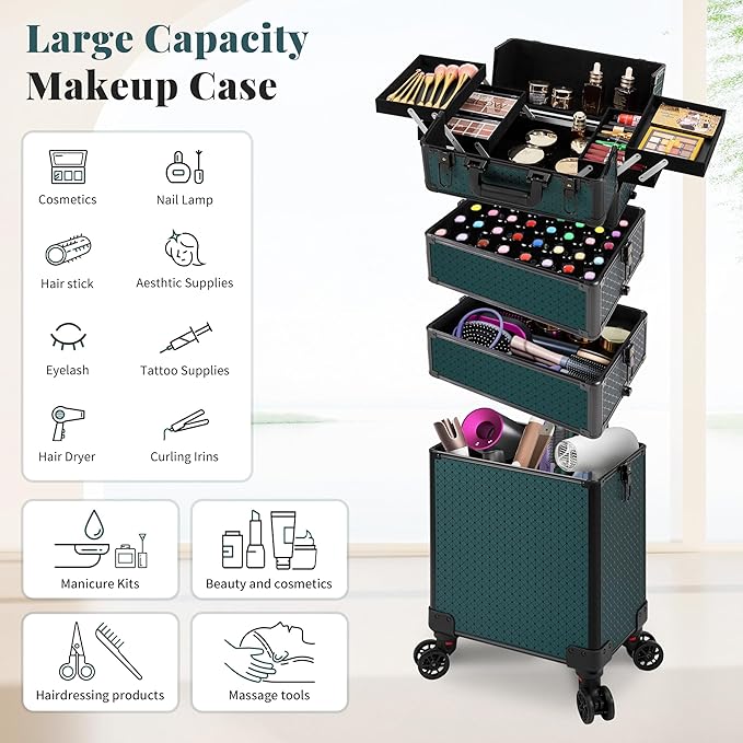 AROUS Rolling Train Makeup Case Cosmetology Case on Wheels, Green