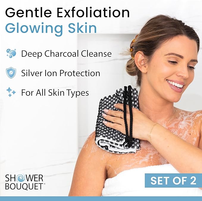 SHOWER BOUQUET Japanese-Exfoliating-Washcloth 2-Pack Charcoal & Silver Ion