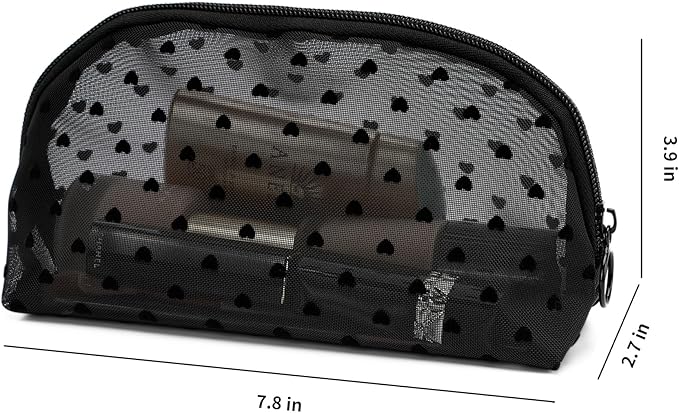 TOPASION Portable Mesh Makeup Bag with Zipper Small Travel Toiletry Bag Lightweight Cosmetic Pouch (Black&Black Heart Half Round)