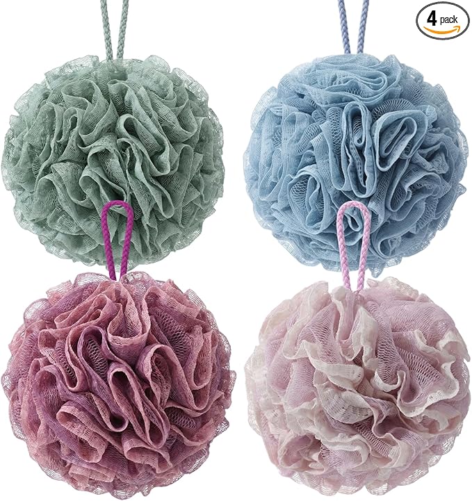Sunnyray 4 Pack Loofah Bath Sponge Lace Mesh Set Large 60g Shower Poufs Body Scrubber Bath Loofah Ball Body Wash Sponge Exfoliating Scrubber Luffa Puff for Women Men Cleanse Skin Accessories (Classic)