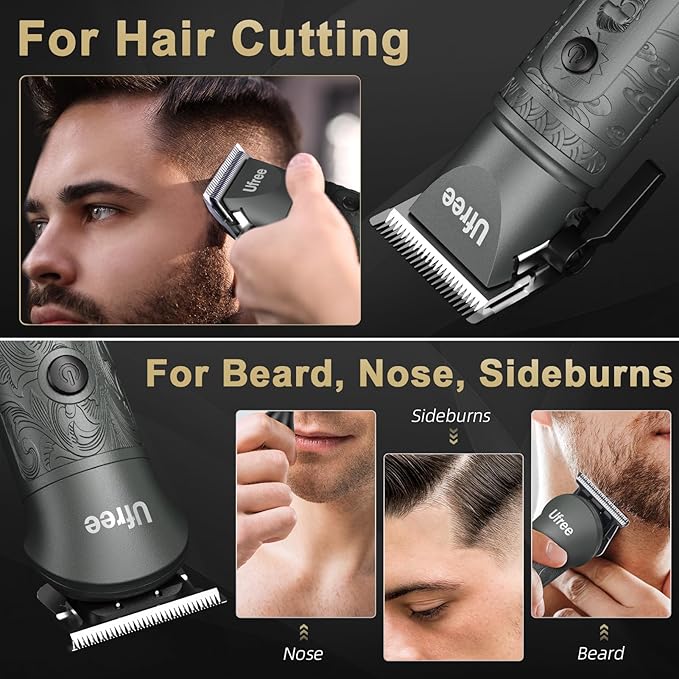 Ufree Hair Clippers for Men Professional with Beard Trimmer, Barber Clippers and Trimmers Set, Electric Razor Shavers for Men, Cordless Mens Grooming Kit for Nose, Face, Hair, Gifts Gray