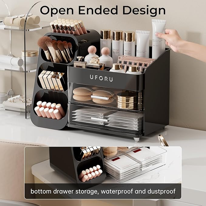 UFORU Makeup Organizer for Vanity with Brush Holder, Large Capacity Bathroom Countertop Skincare Organizer with 2 Drawers, Cosmetic Display Case for Perfumes, Eyeshadow Palettes, Nail Polishes