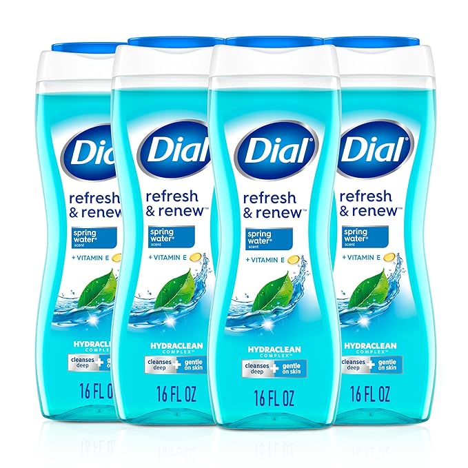 Dial Body Wash, Hydraclean Complex & Vitamin E, Gentle, Leaves Skin Feeling Nourished, Dermatologist-Tested, No Parabens & Sulfates, Refresh & Renew, Spring Water, 16 Fl Oz (Pack of 4)
